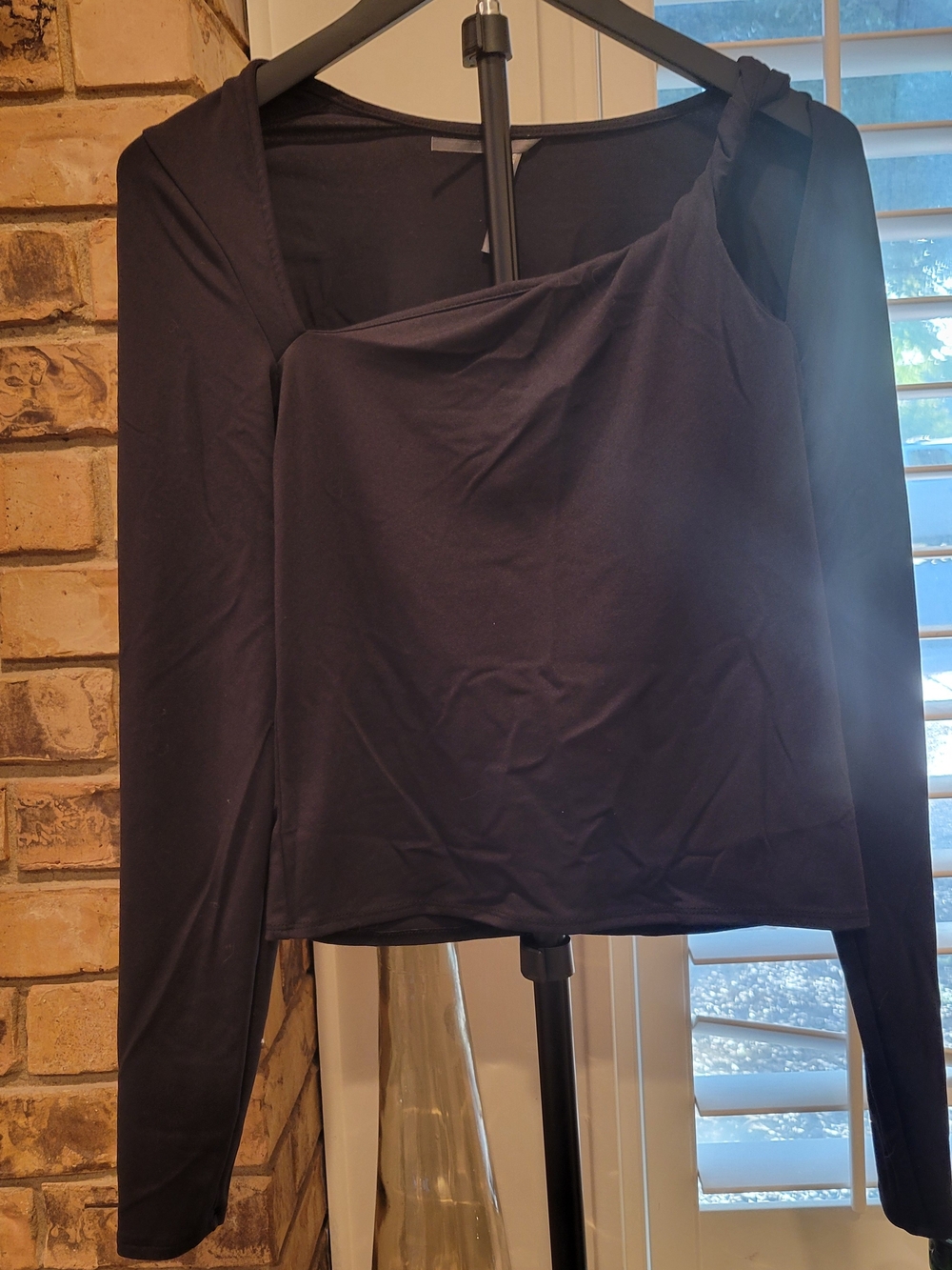 Anthropologie Black One-Shoulder Top with Ribbon Detail